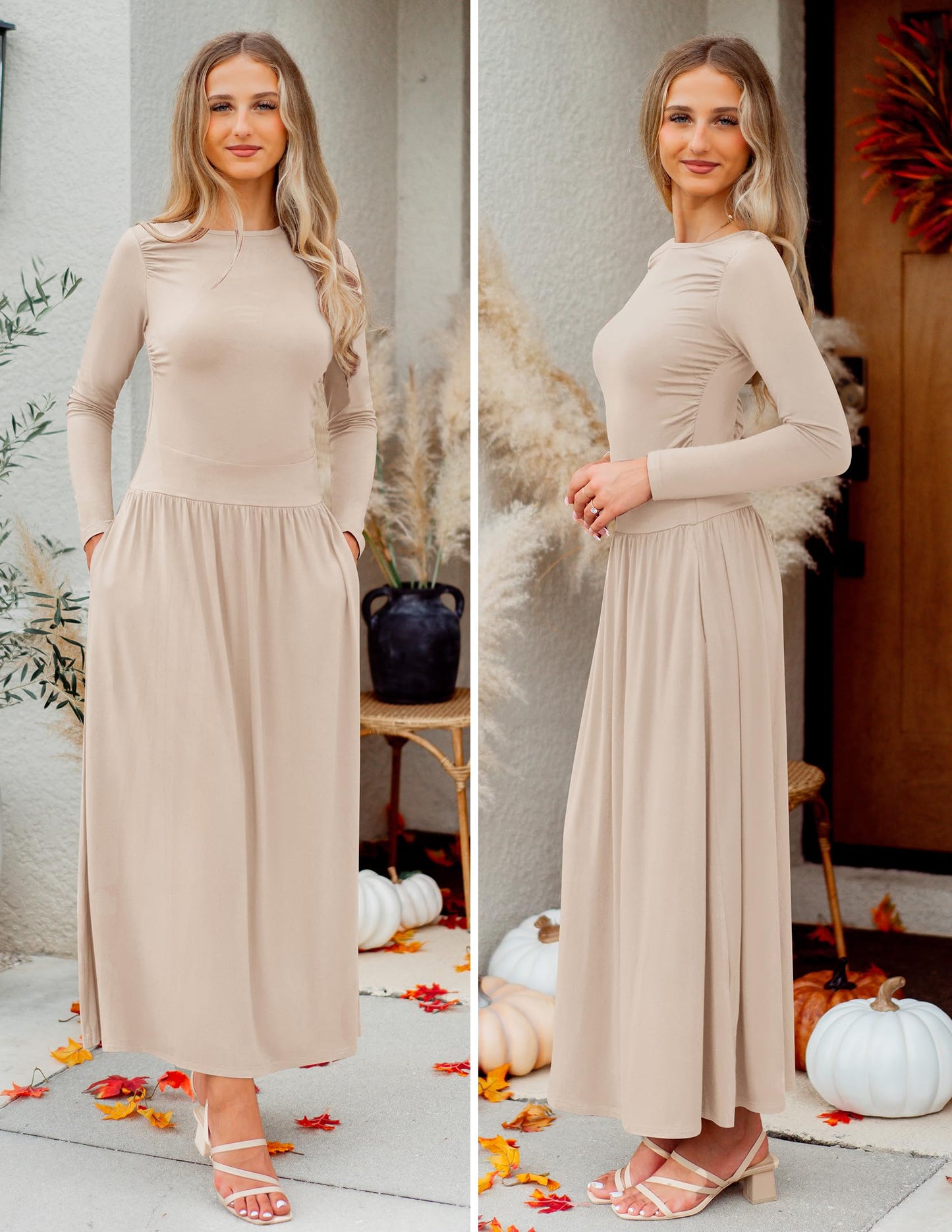 ZESICA Women's Long Sleeve Fall Maxi Dress 2025 Crewneck Knit Casual Slim Swing Pleated Dresses with Pockets,Sand,Medium