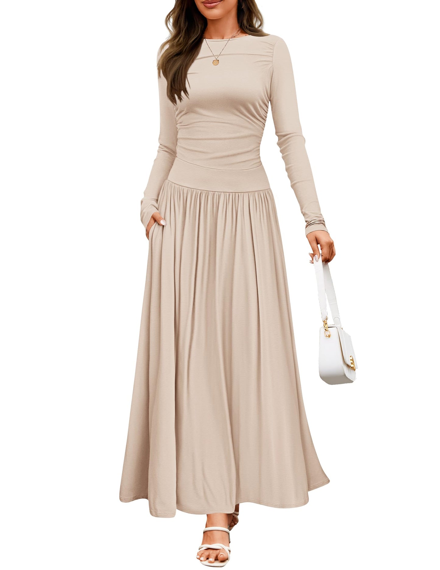 ZESICA Women's Long Sleeve Fall Maxi Dress 2025 Crewneck Knit Casual Slim Swing Pleated Dresses with Pockets,Sand,Medium