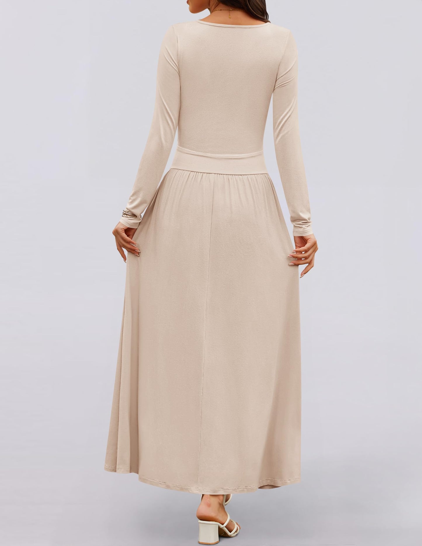ZESICA Women's Long Sleeve Fall Maxi Dress 2025 Crewneck Knit Casual Slim Swing Pleated Dresses with Pockets,Sand,Medium