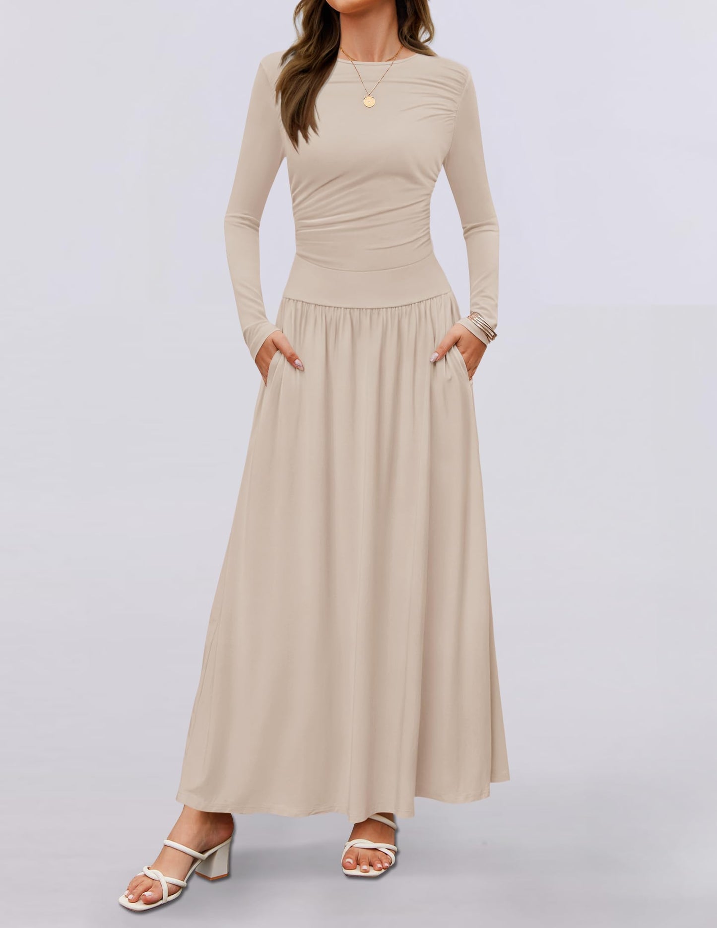 ZESICA Women's Long Sleeve Fall Maxi Dress 2025 Crewneck Knit Casual Slim Swing Pleated Dresses with Pockets,Sand,Medium