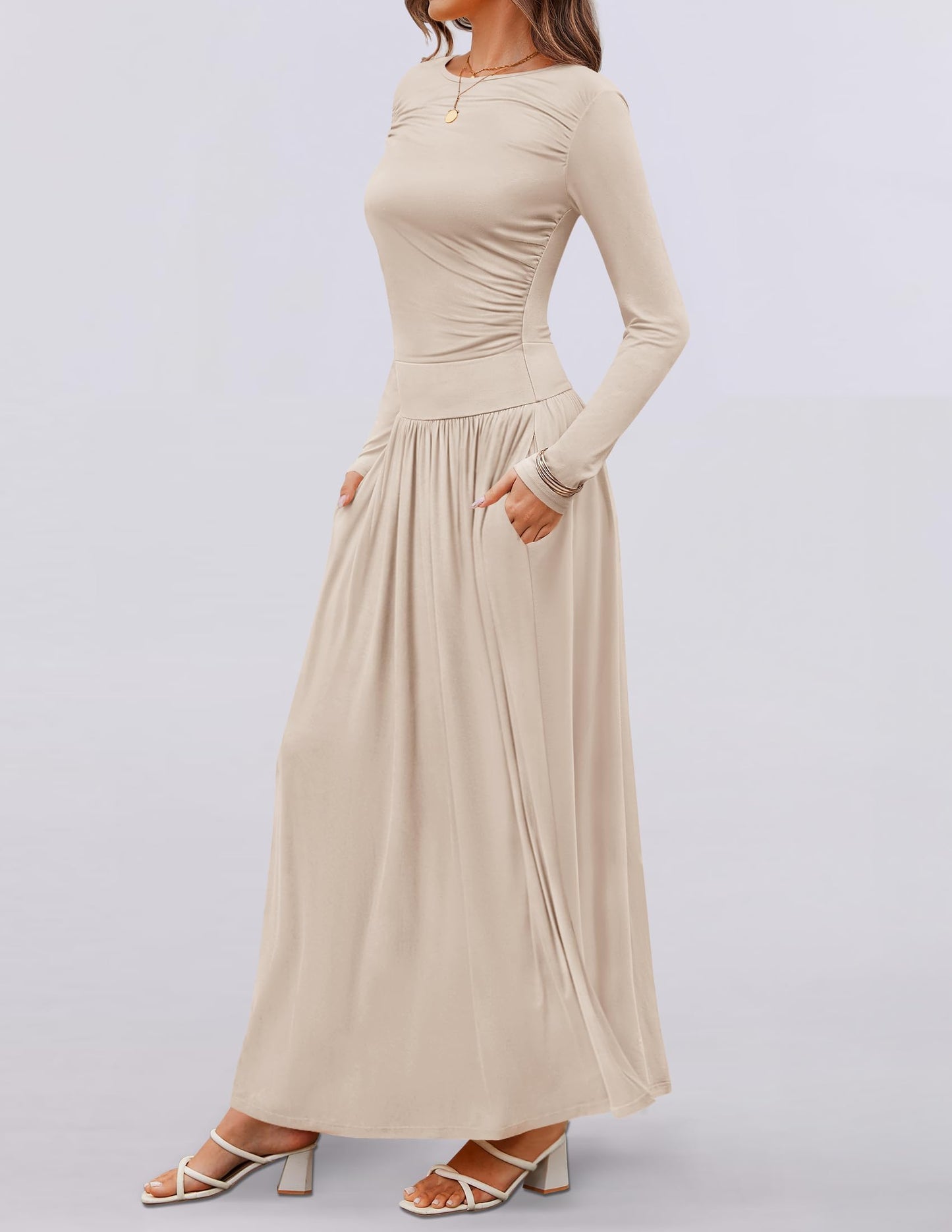 ZESICA Women's Long Sleeve Fall Maxi Dress 2025 Crewneck Knit Casual Slim Swing Pleated Dresses with Pockets,Sand,Medium