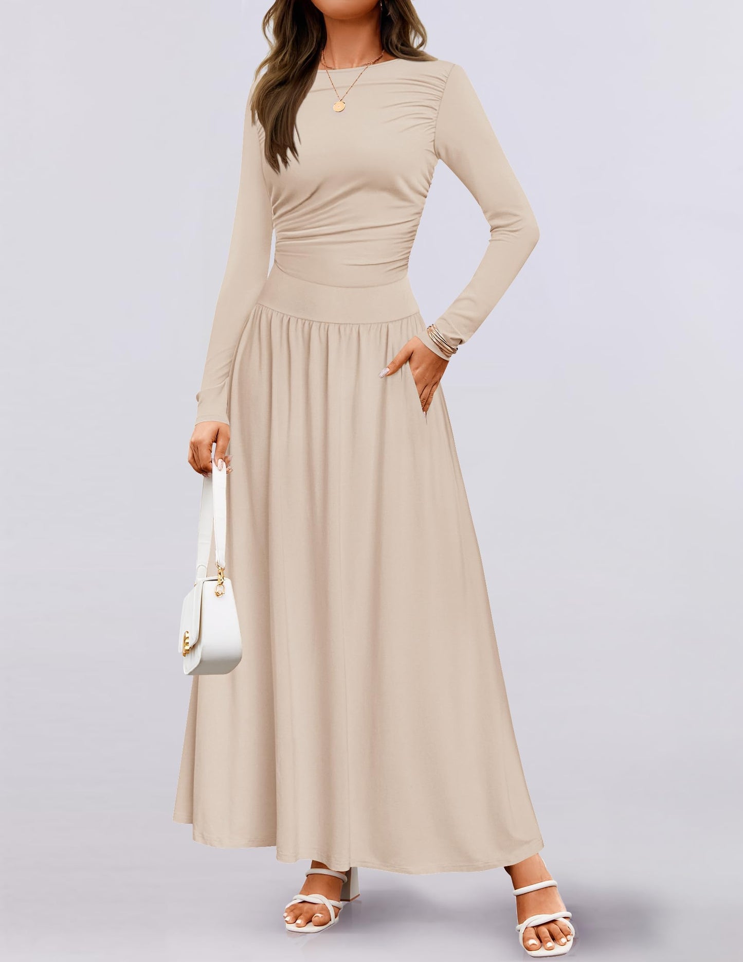 ZESICA Women's Long Sleeve Fall Maxi Dress 2025 Crewneck Knit Casual Slim Swing Pleated Dresses with Pockets,Sand,Medium