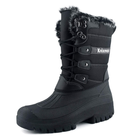 Knixmax Women's Winter Snow Boots Waterproof Mid Calf Booties Fur Lined Warm Outdoor Insulated Mucker Yard Skiing Hiking Boots Black EU 38