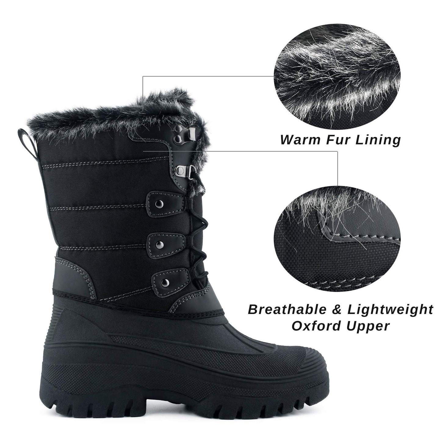 Knixmax Women's Winter Snow Boots Waterproof Mid Calf Booties Fur Lined Warm Outdoor Insulated Mucker Yard Skiing Hiking Boots Black EU 38