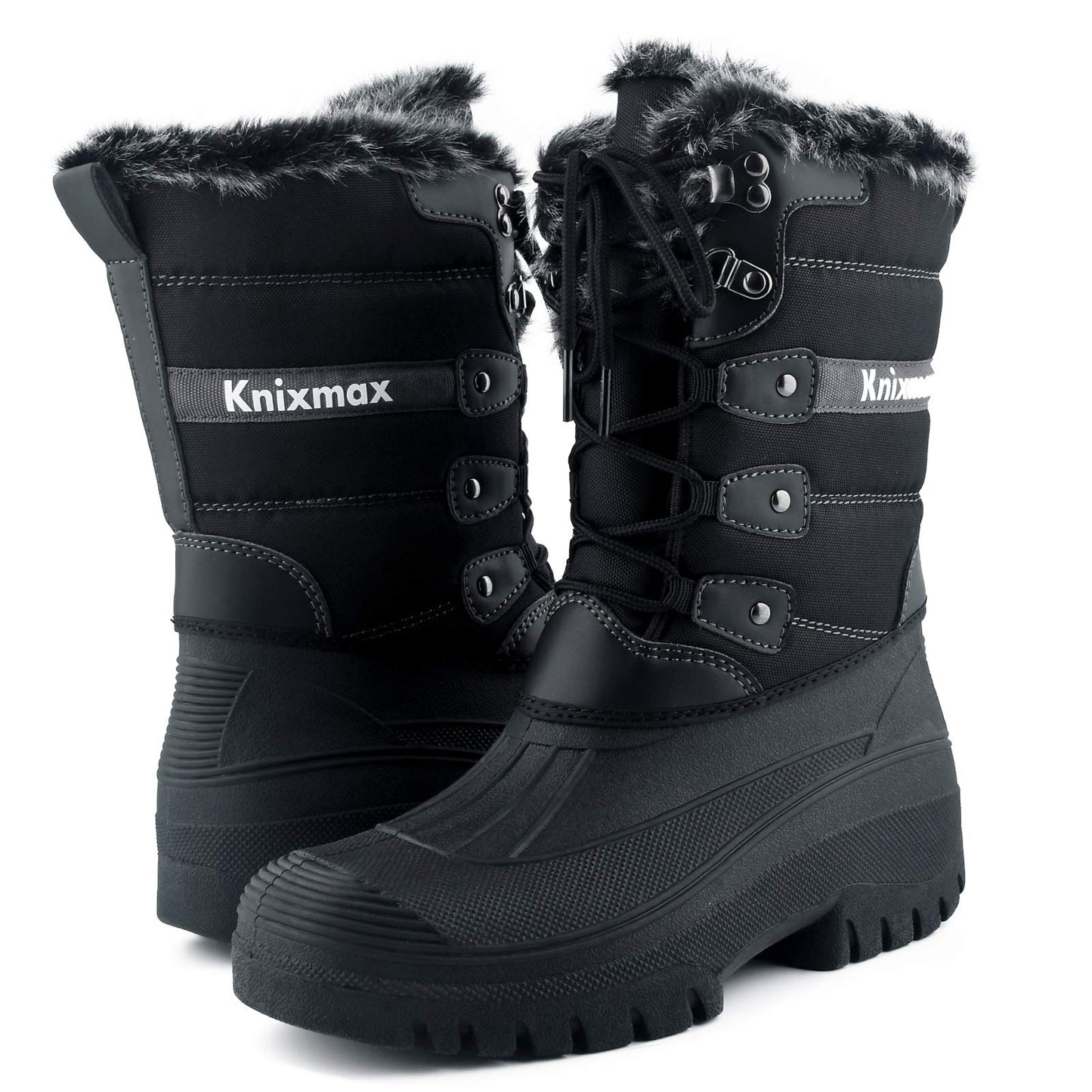 Knixmax Women's Winter Snow Boots Waterproof Mid Calf Booties Fur Lined Warm Outdoor Insulated Mucker Yard Skiing Hiking Boots Black EU 38
