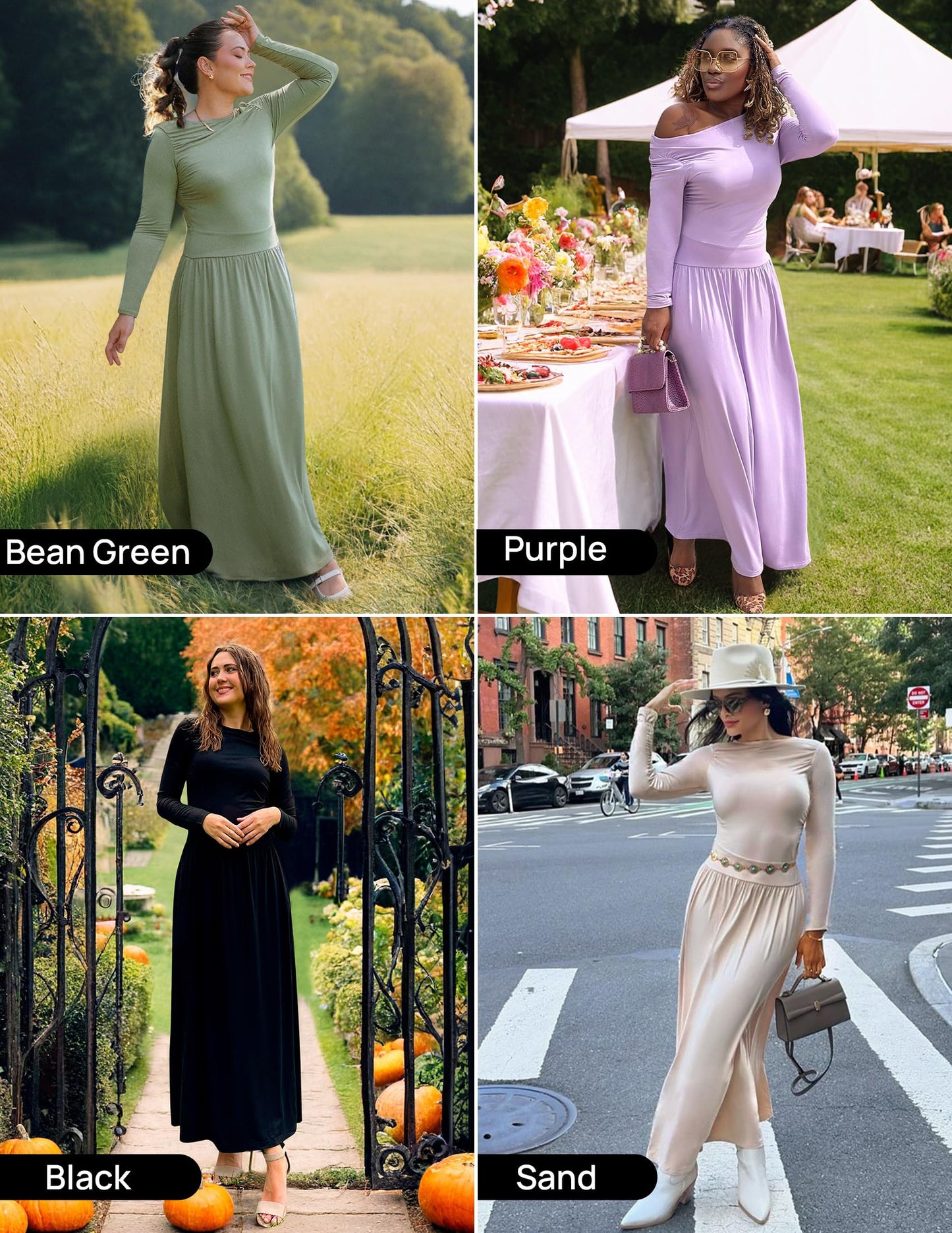 ZESICA Women's Long Sleeve Fall Maxi Dress 2025 Crewneck Knit Casual Slim Swing Pleated Dresses with Pockets,Sand,Medium